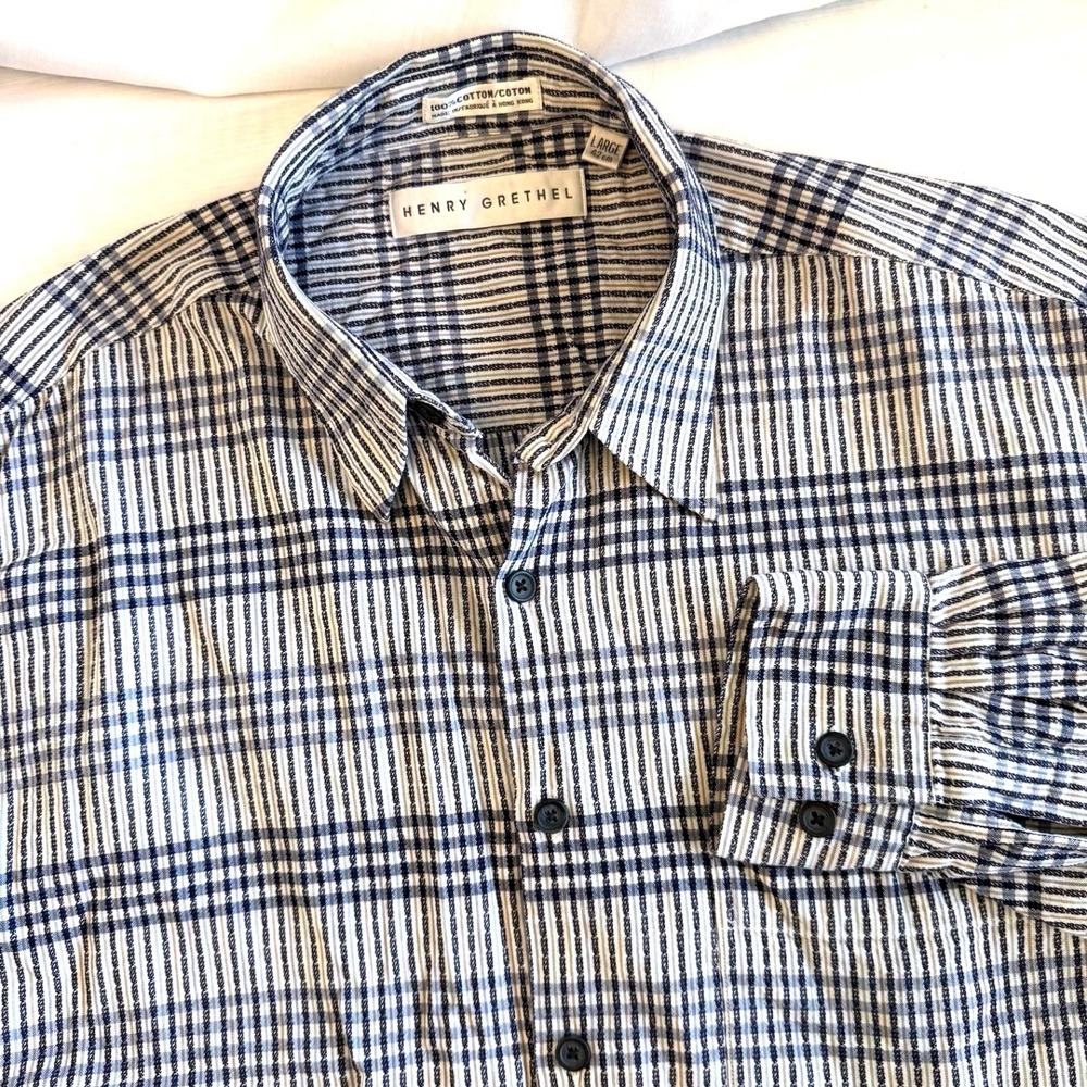 Henry Grethel Button Down Shirt Mens Large Blue White Plaid Cotton Long Sleeve
